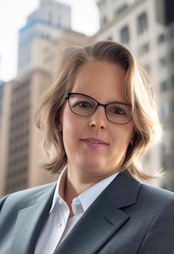 Portrait von der virtuellen Assistenz für Baugutachten Heike Schwartz. Heike Schwartz steht in einer Großstadt. Sie trägt eine Brille, sie trägt ihre blonden Haare kinnlang und in Wellen. Der Kragen einer weißen Businessbluse und einem grauen Blazer sind zu sehen.